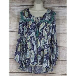 Umgee Womens Size Small Medium Paisley Bell Sleeve Babydoll Shirt Navy Blue Aqua